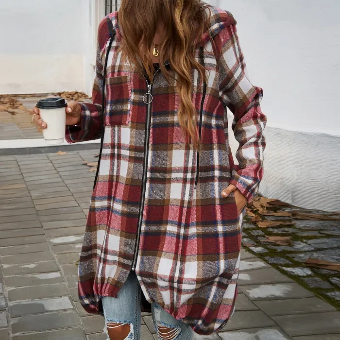 Women's Casual Loose Plaid Contrasting Zipper Hooded Jacket Wholesale Wool Blends Coats Tweed