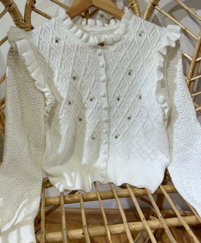 Women O Neck Ruffled Long Sleeved Knitted Cardigan New Autumn Single Breasted Solid Color Sweater Pearl Design Slim Sweater