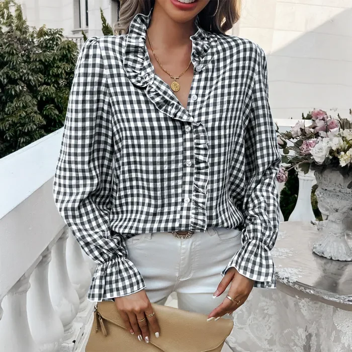 Women's Fashion Casual Plaid Contrast Color Button-Down Shirt