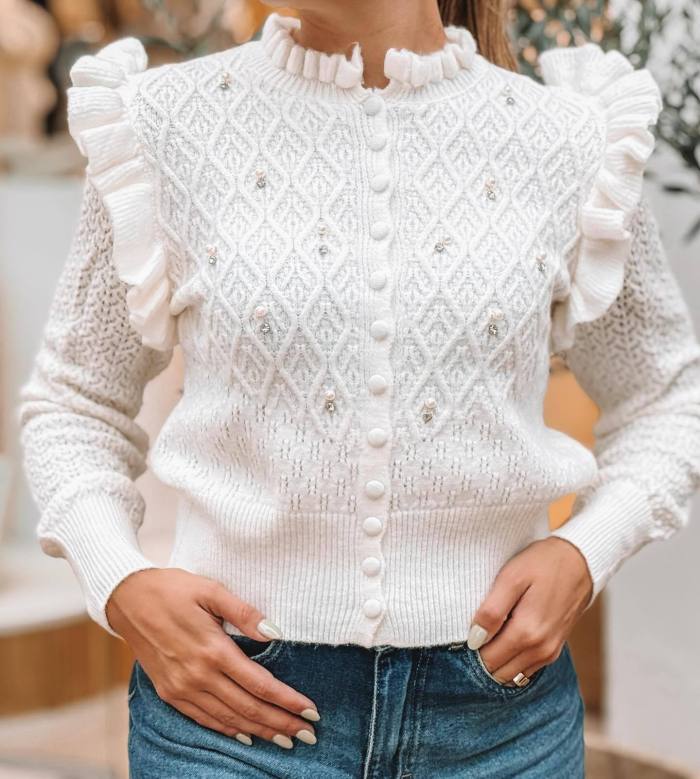 Women O Neck Ruffled Long Sleeved Knitted Cardigan New Autumn Single Breasted Solid Color Sweater Pearl Design Slim Sweater