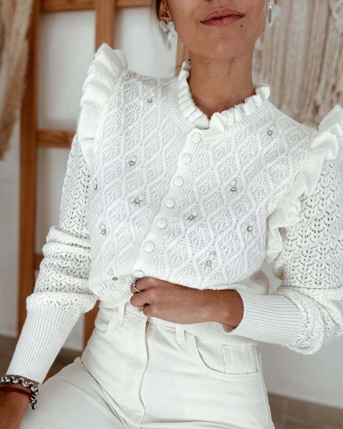 Women O Neck Ruffled Long Sleeved Knitted Cardigan New Autumn Single Breasted Solid Color Sweater Pearl Design Slim Sweater