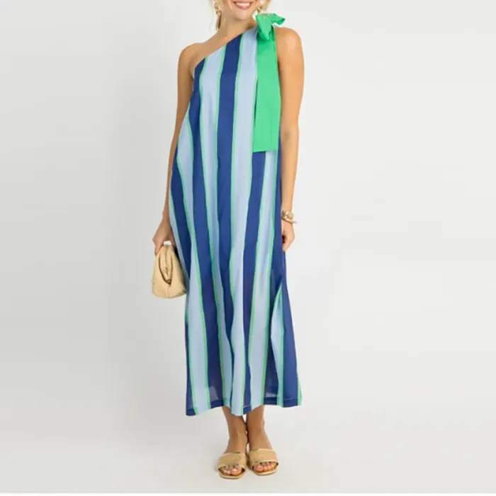 New Stripe Printed Loose Women's Dress Elegant Slant Neck Hollow Out Sleeveless Long Dress Casual Butterfly Lace Up Beach Dress