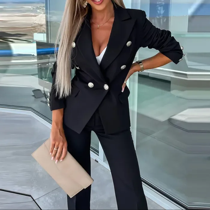 Autumn Women's Lapel Collar Long Sleeved Blazer Suit Elegant Temperament Slim Pants Set Fashion Office Button Design Outfit