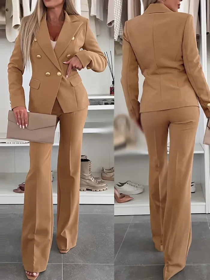 Autumn Women's Lapel Collar Long Sleeved Blazer Suit Elegant Temperament Slim Pants Set Fashion Office Button Design Outfit