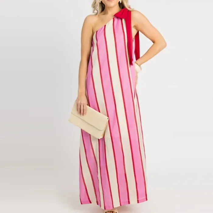 New Stripe Printed Loose Women's Dress Elegant Slant Neck Hollow Out Sleeveless Long Dress Casual Butterfly Lace Up Beach Dress