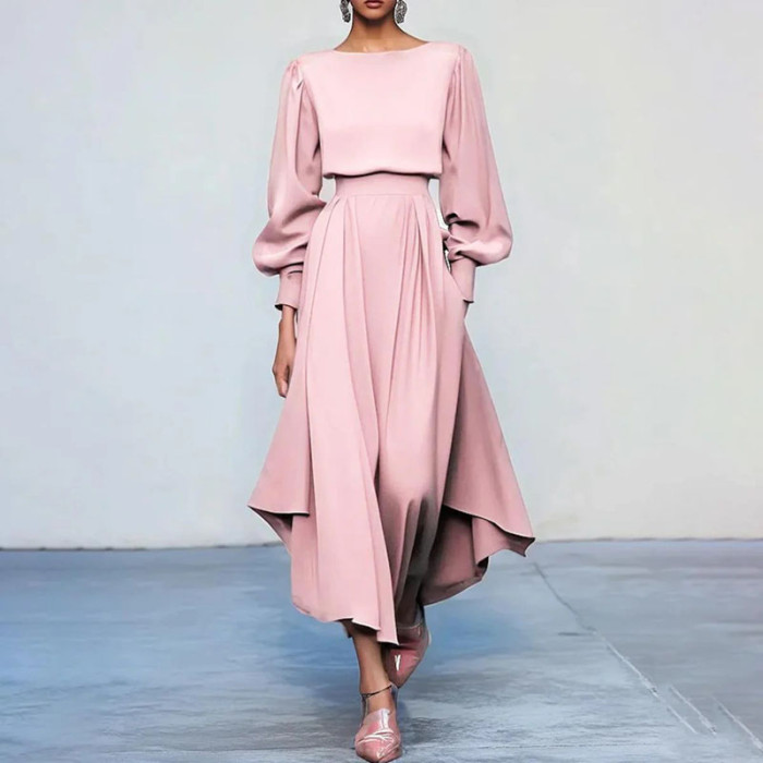 Lantem Long Sleeve Ruffles Long Dress Woman Elegant Solid O Neck A-Line Party Dress New Casual High Waist Commute Dresses