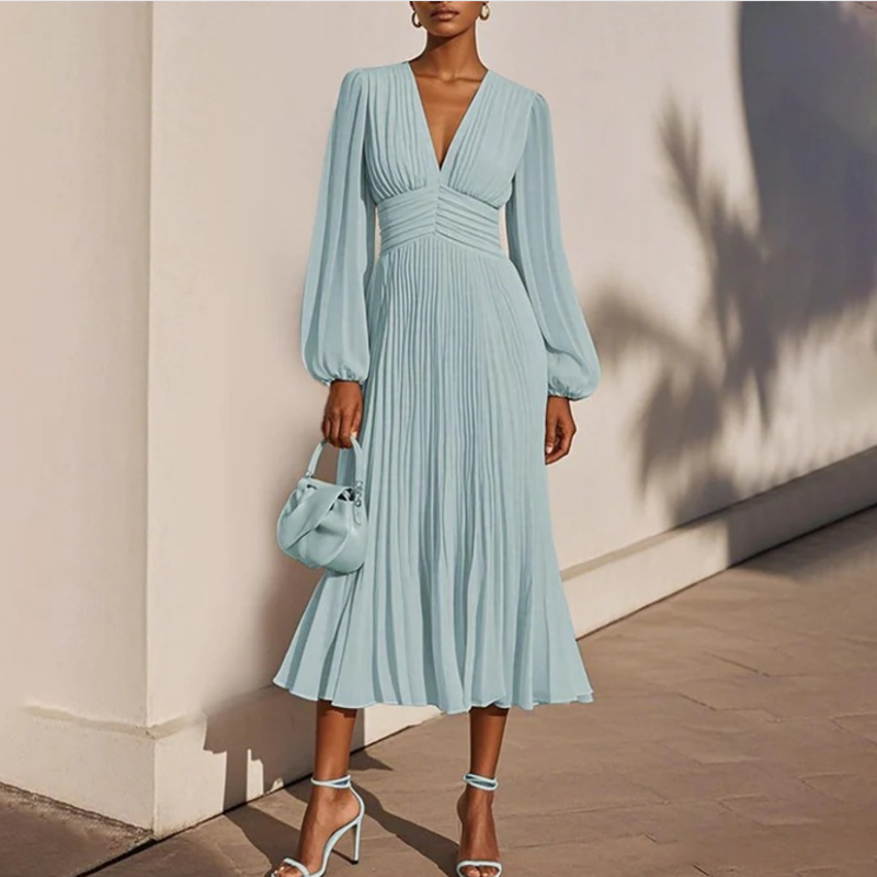 Chic Pleated Dress Chiffon V-neck Women Long Sleeve Casual Loose Female Ladies Dress