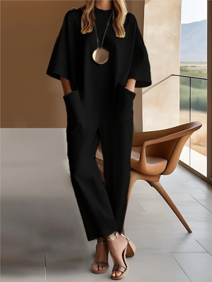 🌿 Women's Casual Solid Color Short-Sleeved Jumpsuit