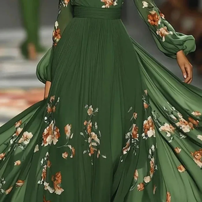 Elegant Long Sleeve Slash Neck Pleated Long Dress Sexy Backless Print High Waist Woman Dress Autumn Strapless Lace Up Prom Dress