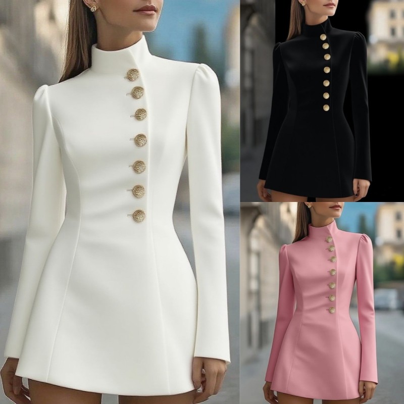 Casual Solid Short Dress Autumn Women's Standing Collar Long Sleeved A-line Dress Women's Elegant Button High Waist Party Dress