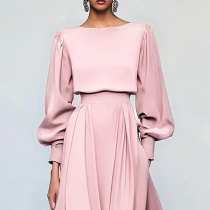 Lantem Long Sleeve Ruffles Long Dress Woman Elegant Solid O Neck A-Line Party Dress New Casual High Waist Commute Dresses
