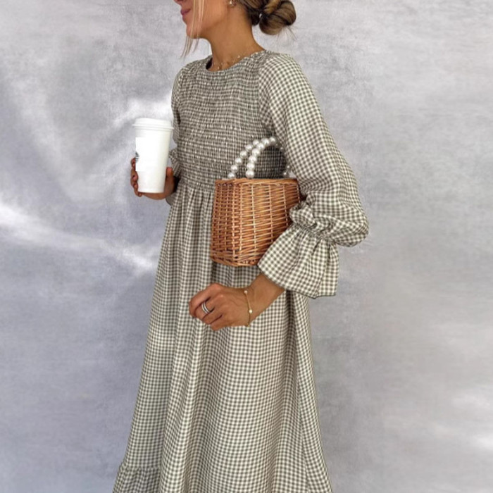 Fall Puff Sleeve A-Line Boho Dress Retro Plaid Print O-neck Button Pleated Long Dress Spring High Waist Loose Womens Party Dress