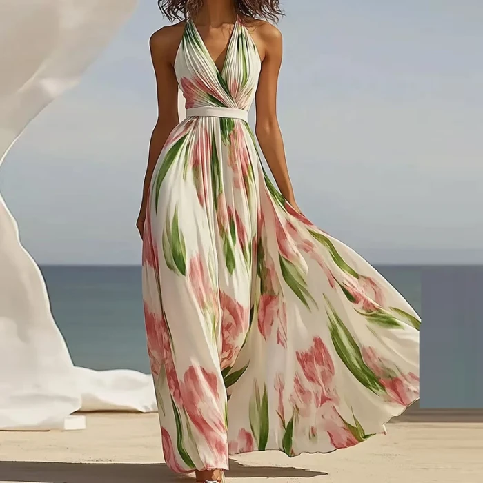 Elegant Sexy Sleeveless V-neck Long Dress Fashion High Waist Sashes Print Women Dress Summer Holiday A-Line Pleated Halter Dress