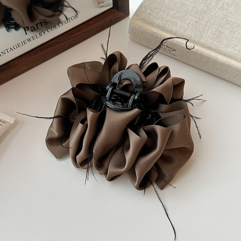 Large Luxury Satin Bow Hair Clip - Elegant Ruffled 3D Layered Bow with Hold, Sweet & Sophisticated Hairpin for, Brown\u002FBeige\u002FNude Tones, Perfect for Braids, Buns, Everyday & Formal Events, Korean-Inspired Cloud Shark Clip Design, Large Size for