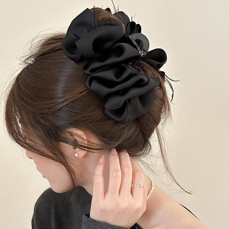 🌸 Large Luxury Satin Bow Hair Clip – Elegant Layered Ruffled Design in Soft Neutral Tones