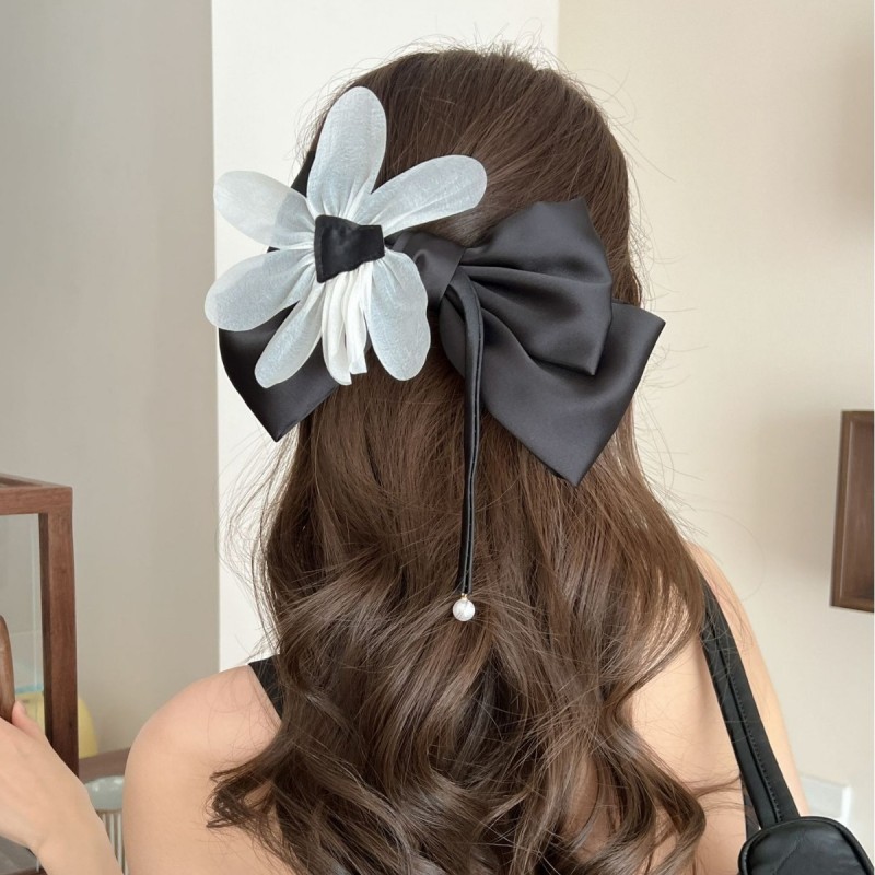 🎀 Elegant Black Bow Hair Clip with White Ribbon – Classic Formal Hair Accessory