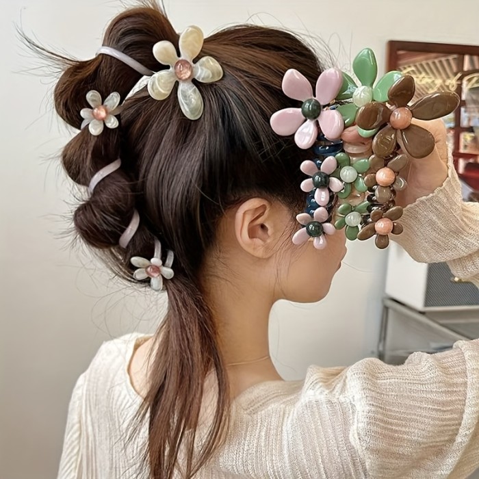 5pcs Set Women's Resin Flower Braids - Clear\u002FGreen\u002FBrown\u002FPink\u002FBlack Braiding Hair Elastics with Multi-Color Pastel & Natural Beads, All-Season Braiding Hair Accessories for Braids, Buns, Ponytails, Fishtails - Durable & Flexible Resin Hair Elastics (No Feathers\u002FNon-Toxic) - Multi-Color Options (Pink, Green, Brown, Clear, Black) - Braiding Hair for Braids & Buns