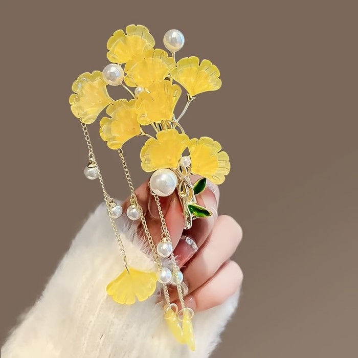 1pc Chinese Vintage Gypsy Hairpin - Yellow Flower Garland Hair Clip with Green Beads & -like Chains, Antique Hair Streaker for Hanfu, Wedding, Prom - Women's Traditional Hair Accessory (Single)