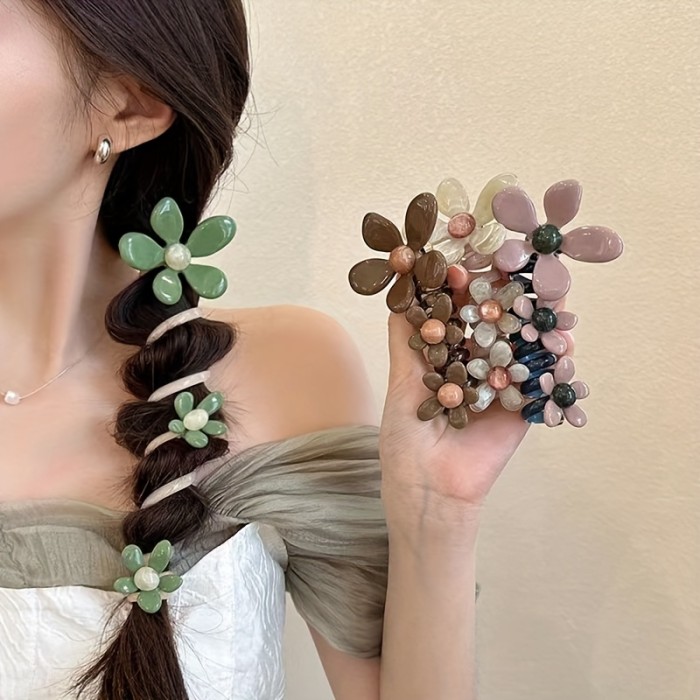 5pcs Set Women's Resin Flower Braids - Clear\u002FGreen\u002FBrown\u002FPink\u002FBlack Braiding Hair Elastics with Multi-Color Pastel & Natural Beads, All-Season Braiding Hair Accessories for Braids, Buns, Ponytails, Fishtails - Durable & Flexible Resin Hair Elastics (No Feathers\u002FNon-Toxic) - Multi-Color Options (Pink, Green, Brown, Clear, Black) - Braiding Hair for Braids & Buns