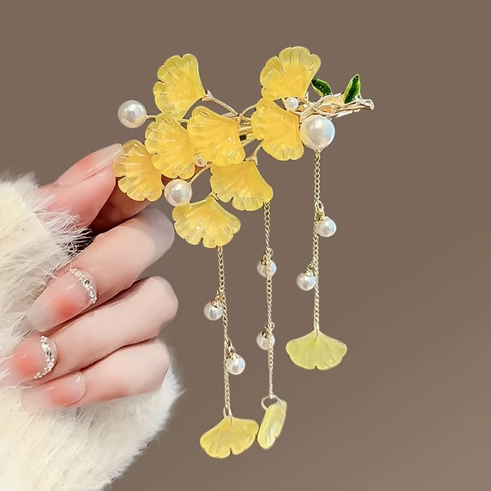 1pc Chinese Vintage Gypsy Hairpin - Yellow Flower Garland Hair Clip with Green Beads & -like Chains, Antique Hair Streaker for Hanfu, Wedding, Prom - Women's Traditional Hair Accessory (Single)