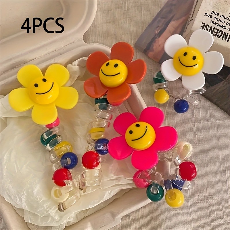 4pcs Summer Sweet Cute Sunflower Phone Cord Hair Ties, Braiding Tool for Ponytails, Perfect for Women and Teens - Flower-Shaped Bubble Braid Creator Hair Rings