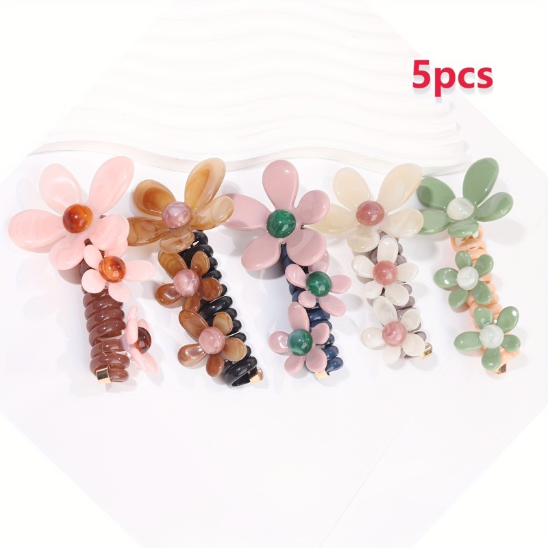 5pcs Set Women's Resin Flower Braids - Clear\u002FGreen\u002FBrown\u002FPink\u002FBlack Braiding Hair Elastics with Multi-Color Pastel & Natural Beads, All-Season Braiding Hair Accessories for Braids, Buns, Ponytails, Fishtails - Durable & Flexible Resin Hair Elastics (No Feathers\u002FNon-Toxic) - Multi-Color Options (Pink, Green, Brown, Clear, Black) - Braiding Hair for Braids & Buns