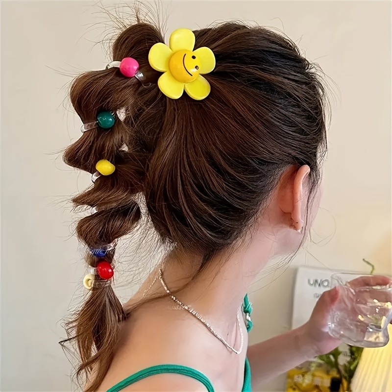 4pcs Summer Sweet Cute Sunflower Phone Cord Hair Ties, Braiding Tool for Ponytails, Perfect for Women and Teens - Flower-Shaped Bubble Braid Creator Hair Rings
