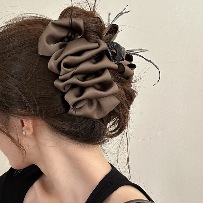 🌸 Large Luxury Satin Bow Hair Clip – Elegant Layered Ruffled Design in Soft Neutral Tones
