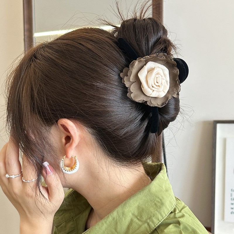 Large Sweet Floral Shark Clip Hair Clip - Color-Blocked Dry Rose Flower with Layered Petals, Hold Half-Up Ponytail & Bun Hair for, White & Brown, Elegant Hairpin for Special Occasions (Durable & Versatile)