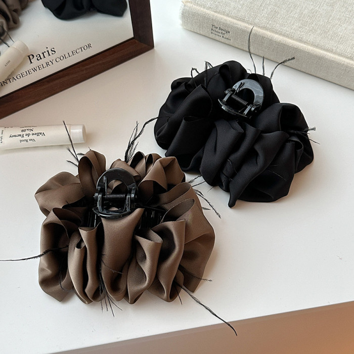 🌸 Large Luxury Satin Bow Hair Clip – Elegant Layered Ruffled Design in Soft Neutral Tones