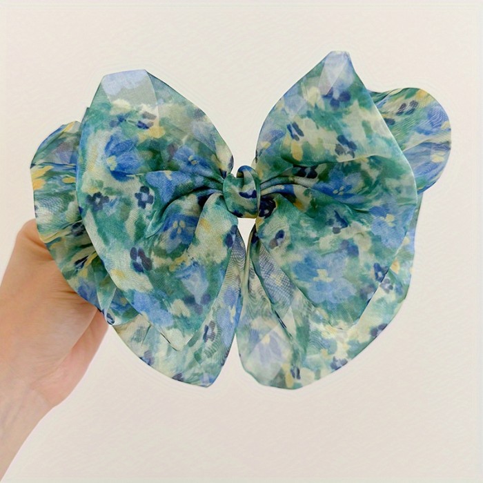 🎀 Large Loose Bow Hair Clip – Smudge-Free White/Green Ribbon Accessory for Voluminous Ponytails & Braids 🎀