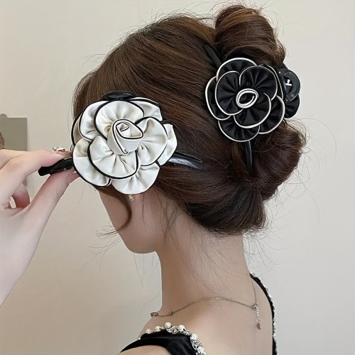 ✨ Elegant Teardrop Flower Hair Clip 🌸 | Large Black & White Accessory for Updos