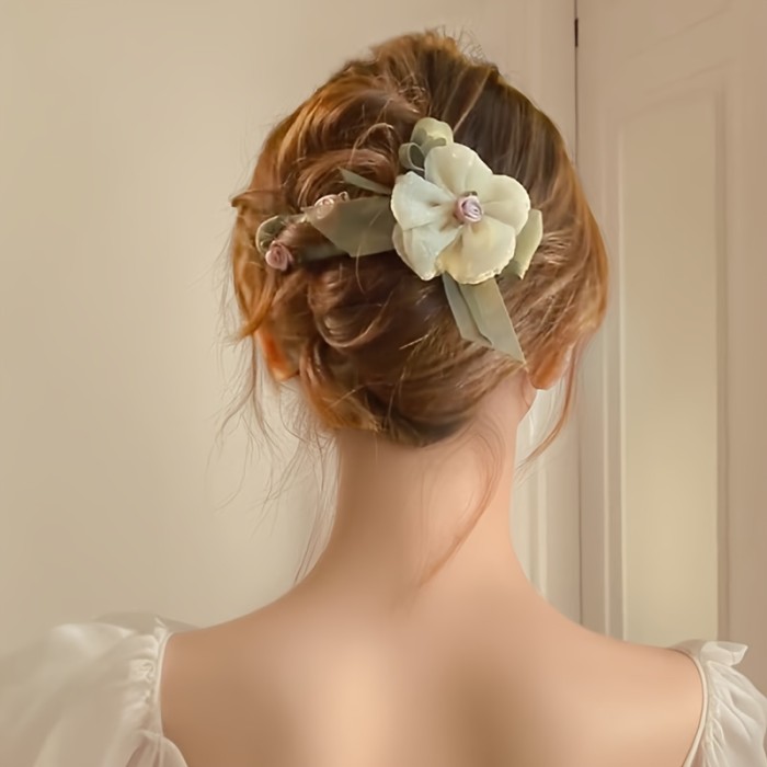 Elegant Fabric Rose Hairpin - Flat Hair Clip with Soft Pink & White Floral Design, Secure Hold for Thick\u002FThin Hair, Casual & Special Occasions, Comfortable Everyday Hair Accessories, Sophisticated Accessory
