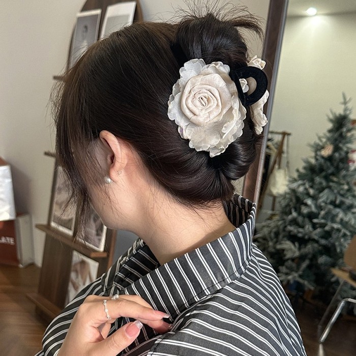 Large Sweet Floral Shark Clip Hair Clip - Color-Blocked Dry Rose Flower with Layered Petals, Hold Half-Up Ponytail & Bun Hair for, White & Brown, Elegant Hairpin for Special Occasions (Durable & Versatile)