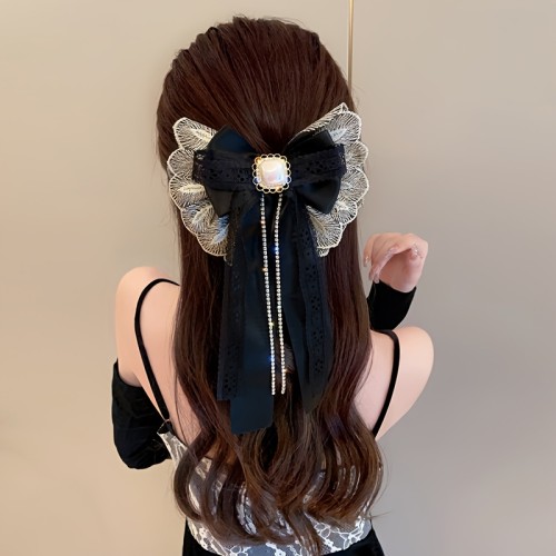 ✨ Elegant Bow Hair Clip with Tassel 🎀 | Black & Gold Accents for Ponytails, Buns & Braids