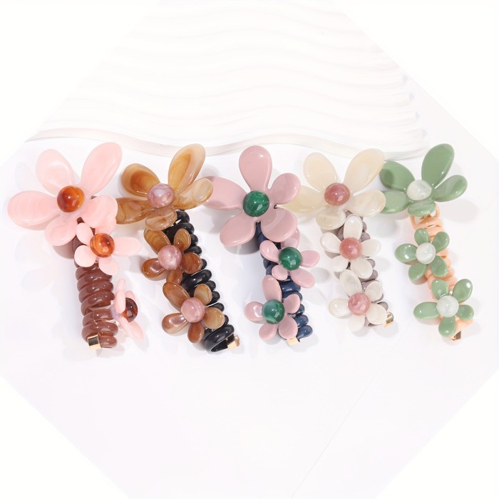 5pcs Set Women's Resin Flower Braids - Clear\u002FGreen\u002FBrown\u002FPink\u002FBlack Braiding Hair Elastics with Multi-Color Pastel & Natural Beads, All-Season Braiding Hair Accessories for Braids, Buns, Ponytails, Fishtails - Durable & Flexible Resin Hair Elastics (No Feathers\u002FNon-Toxic) - Multi-Color Options (Pink, Green, Brown, Clear, Black) - Braiding Hair for Braids & Buns