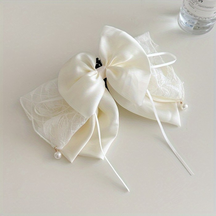 Elegant Lace Bow Ponytail Clip 🎀 | White Ribbon Hair Accessory with Pendant & Secure Shark Grip
