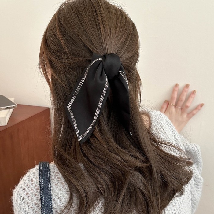 Large Black Elegant Rhinestone-Adorned Bow Tie Hair Clip - Large Shape Half-Up Ponytail Clip with Hold, Luxurious Satin-like Shine for, Weddings, Parties & Everyday Hairstyles - Durable Hair Accessories for Special Occasions, Hair Accessories, Mini