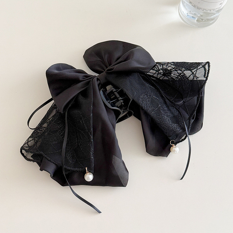 Single Elegant Korean-Style Bow Lace Ribbon Ponytail Clip with Pendant & Secure Shark Clip - White Hair Accessory for Women, Wedding, Prom, Everyday Hairstyles - Durable & Versatile Hairpin for Braids, Buns, Ponytails