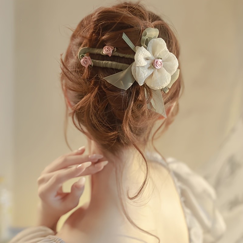 Elegant Fabric Rose Hairpin - Flat Hair Clip with Soft Pink & White Floral Design, Secure Hold for Thick\u002FThin Hair, Casual & Special Occasions, Comfortable Everyday Hair Accessories, Sophisticated Accessory