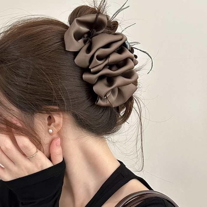 🌸 Large Luxury Satin Bow Hair Clip – Elegant Layered Ruffled Design in Soft Neutral Tones