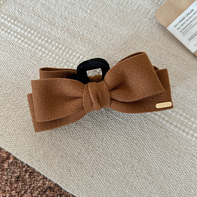 Large Retro Black Bow Hair Clip with Brown Center - Shark Clip-On Hair Accessory for Women, Sweet Elegant Vintage Hairpin for Ponytails, Buns & Braids, Durable Non-Slip Hair Clips for Fall Winter Hairstyles