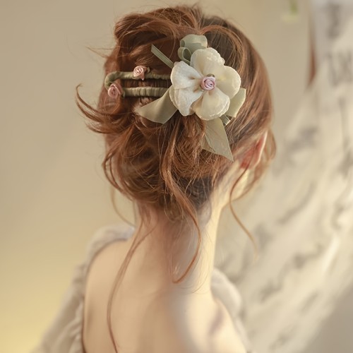 Elegant Fabric Rose Hairpin - Flat Hair Clip with Soft Pink & White Floral Design, Secure Hold for Thick\u002FThin Hair, Casual & Special Occasions, Comfortable Everyday Hair Accessories, Sophisticated Accessory