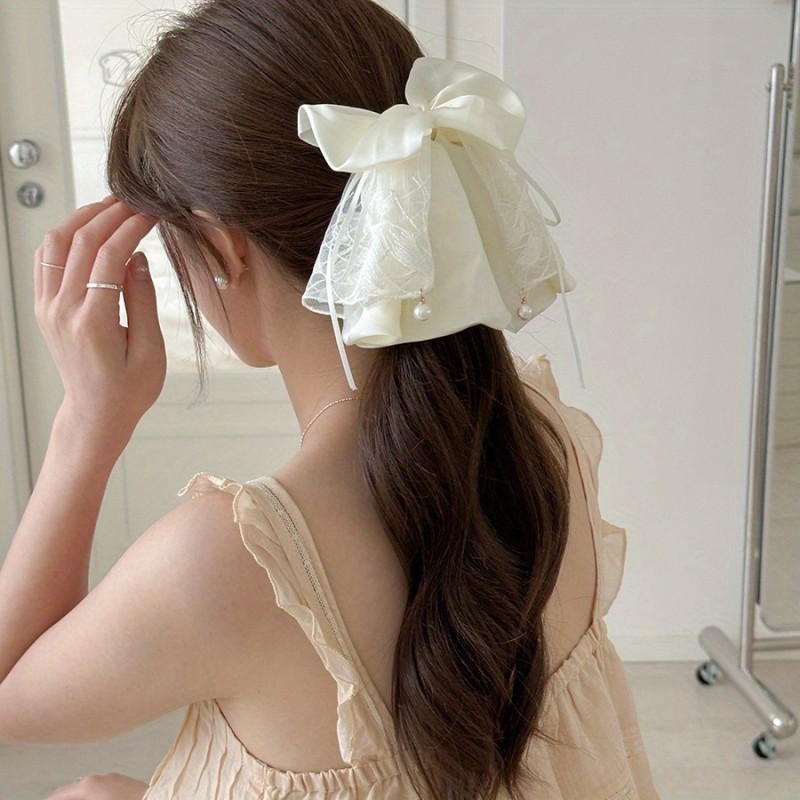 Single Elegant Korean-Style Bow Lace Ribbon Ponytail Clip with Pendant & Secure Shark Clip - White Hair Accessory for Women, Wedding, Prom, Everyday Hairstyles - Durable & Versatile Hairpin for Braids, Buns, Ponytails