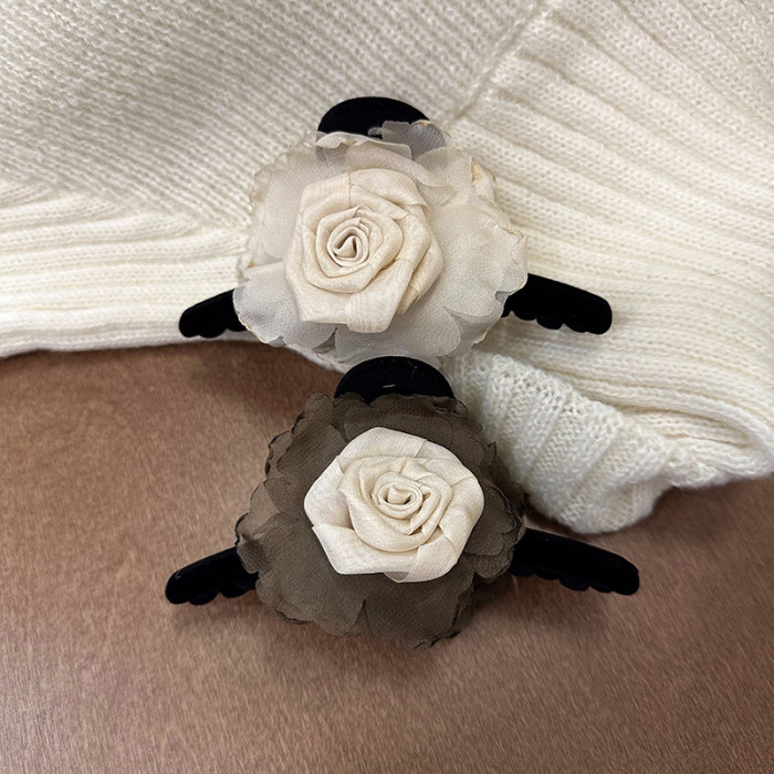 Large Sweet Floral Shark Clip Hair Clip - Color-Blocked Dry Rose Flower with Layered Petals, Hold Half-Up Ponytail & Bun Hair for, White & Brown, Elegant Hairpin for Special Occasions (Durable & Versatile)