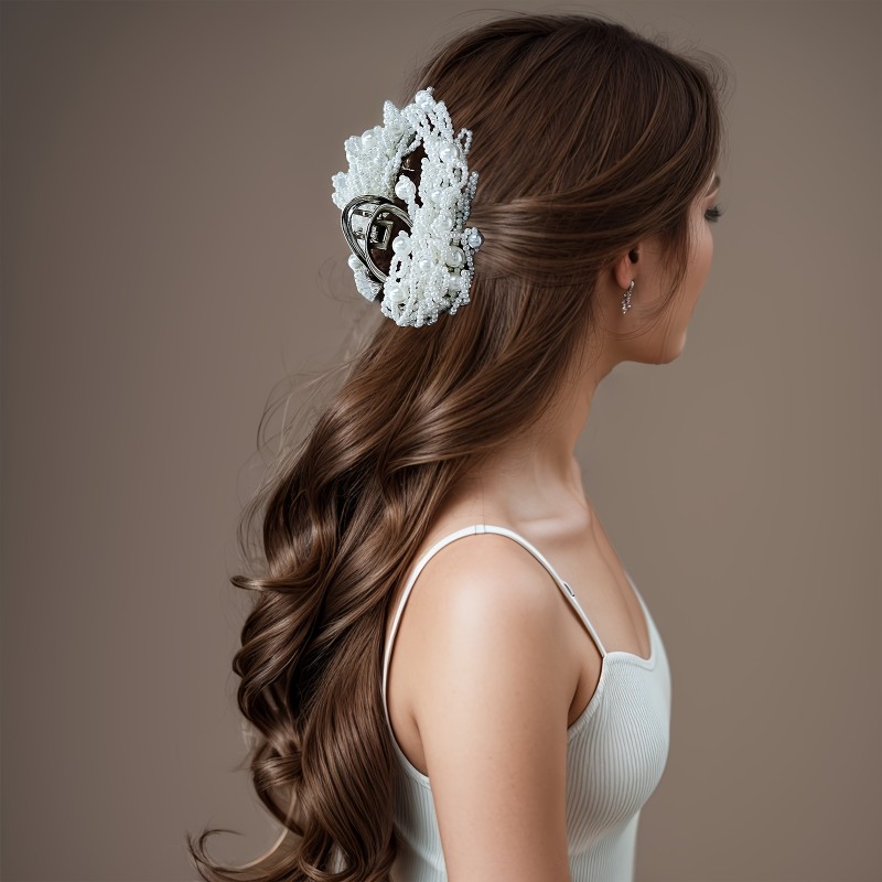 Elegant Resin Hair Claw Clip with Imitation Pearls and Beaded Accents, Oval-Shaped Large Women's Hair Accessory for Thick and Thin Hair, Sweet Retro Style, Single Piece, Suitable for Ages 14+, Ideal for Halloween and Daily Hairstyles