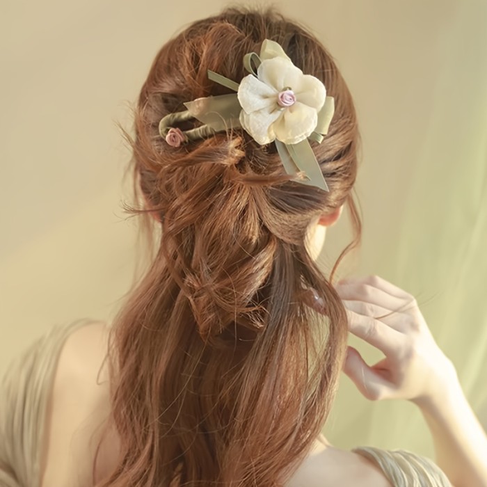 Elegant Fabric Rose Hairpin - Flat Hair Clip with Soft Pink & White Floral Design, Secure Hold for Thick\u002FThin Hair, Casual & Special Occasions, Comfortable Everyday Hair Accessories, Sophisticated Accessory