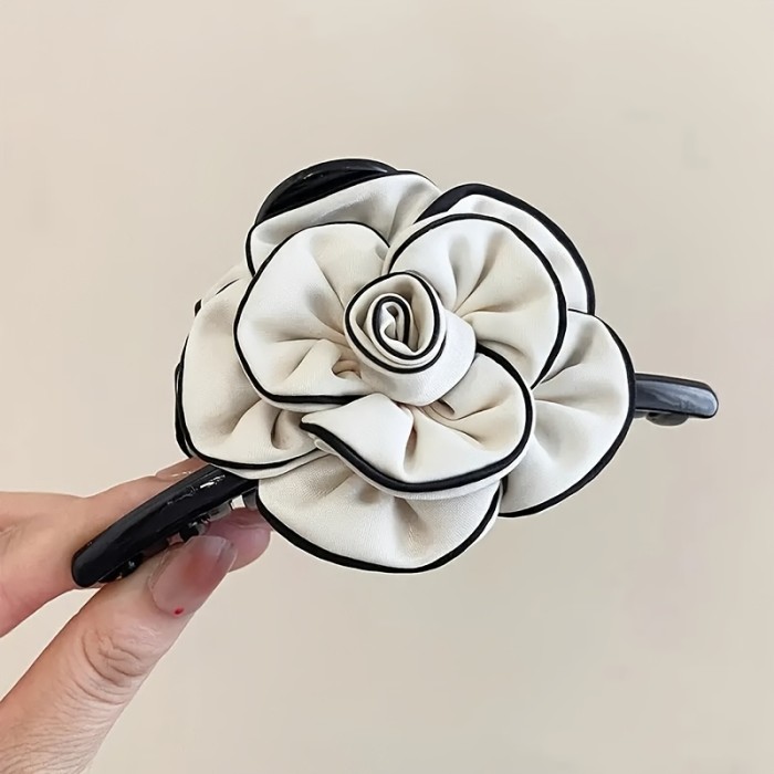 ✨ Elegant Teardrop Flower Hair Clip 🌸 | Large Black & White Accessory for Updos