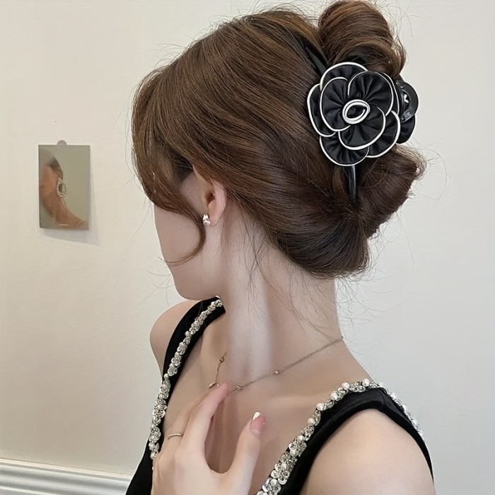 ✨ Elegant Teardrop Flower Hair Clip 🌸 | Large Black & White Accessory for Updos