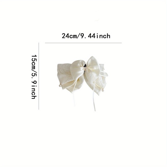 Elegant Lace Bow Ponytail Clip 🎀 | White Ribbon Hair Accessory with Pendant & Secure Shark Grip
